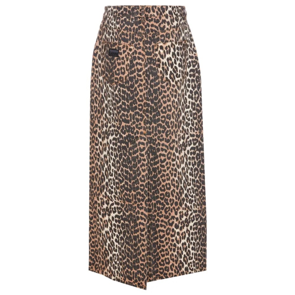 GANNI LEOPARD DENIM MAXI SLIT SKIRT